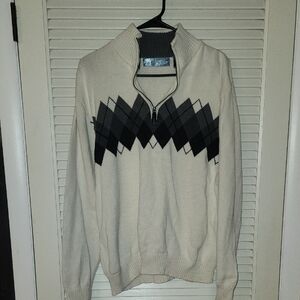 Vintage Oscar de la Renta Men’s Argyle Quarter-Zip Sweater Cream Gray Black